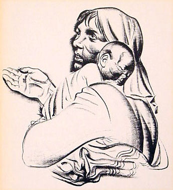 drawing of a woman with a child, both in need